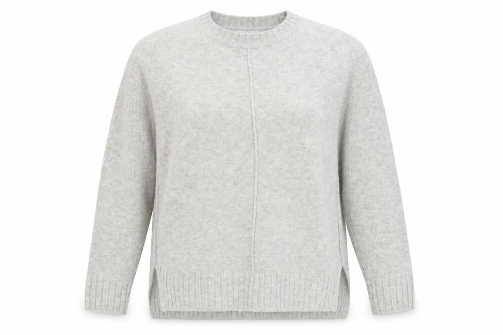 Front view of Marks & Spencer women’s grey round neck acrylic jumper, size M