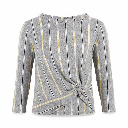 Front view of F&F women’s grey round neck striped polyester jumper, size UK 12