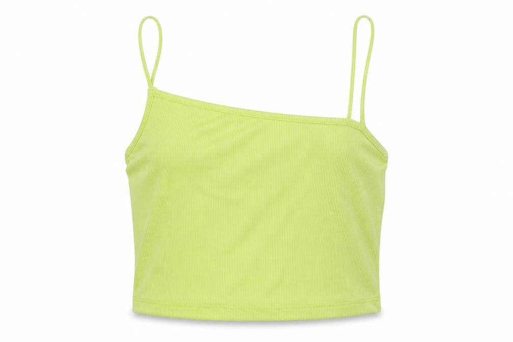 Front view of Primark women’s yellow polyamide cropped tank, size S, square neck