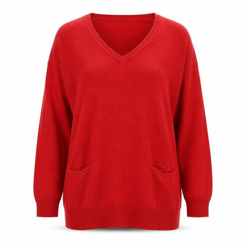 New Lok Womens Red V-Neck Acrylic Tunic Jumper Size 16