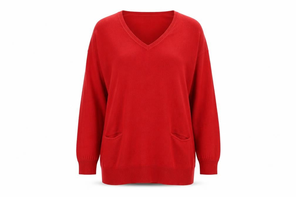 New Lok Womens Red V-Neck Acrylic Tunic Jumper Size 16