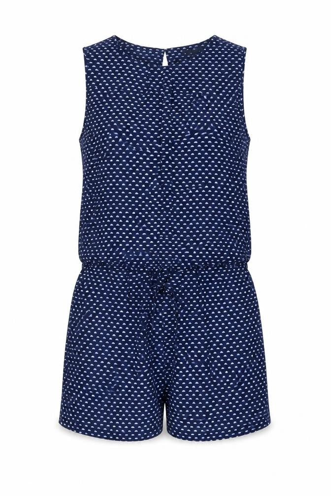 Front view of H&M women’s blue geometric polyester playsuit one-piece, size UK 34, button