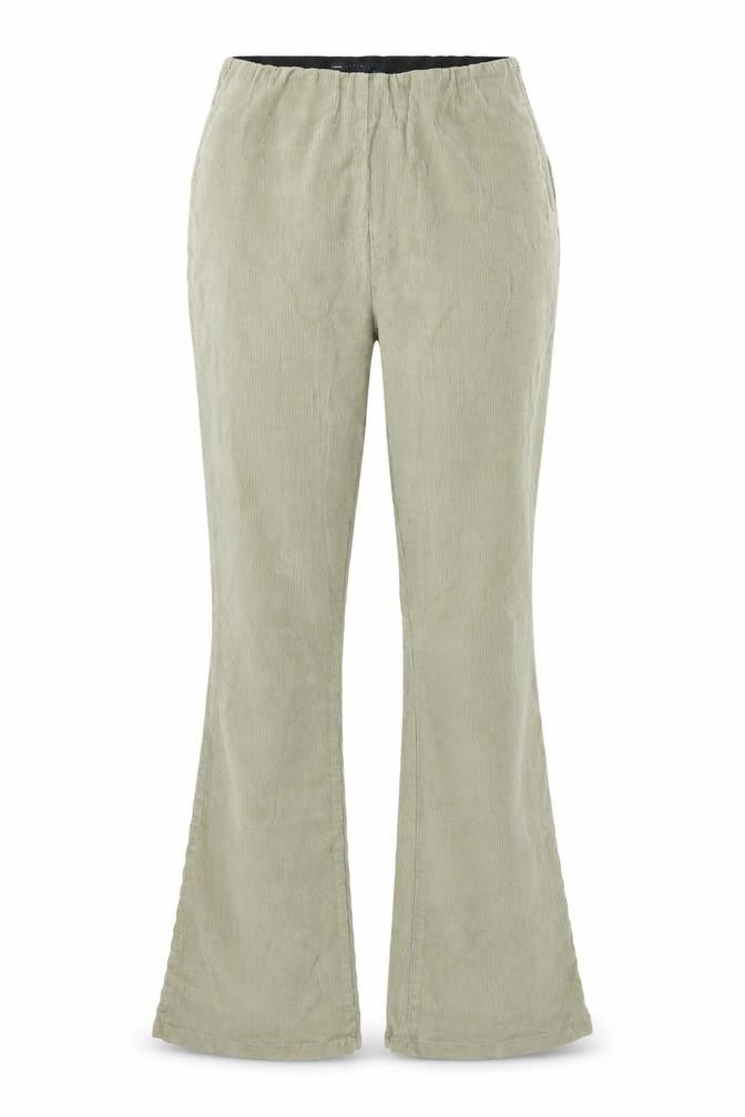 Front view of ASOS women’s green cotton bootcut jeans, size UK 10, 32-inch leg regular drawstring