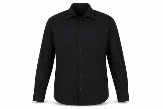 Front view of Collection men’s black polyester button-up, size 15, collared button