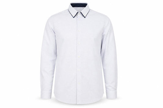 Front view of Taylor & Wright men’s white polka dot polyester button-up, size 16, collared button