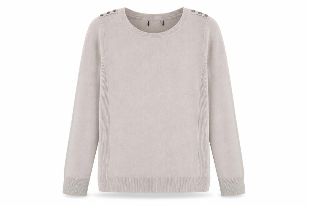 Front view of Preworn women’s beige round neck polyester jumper, size M