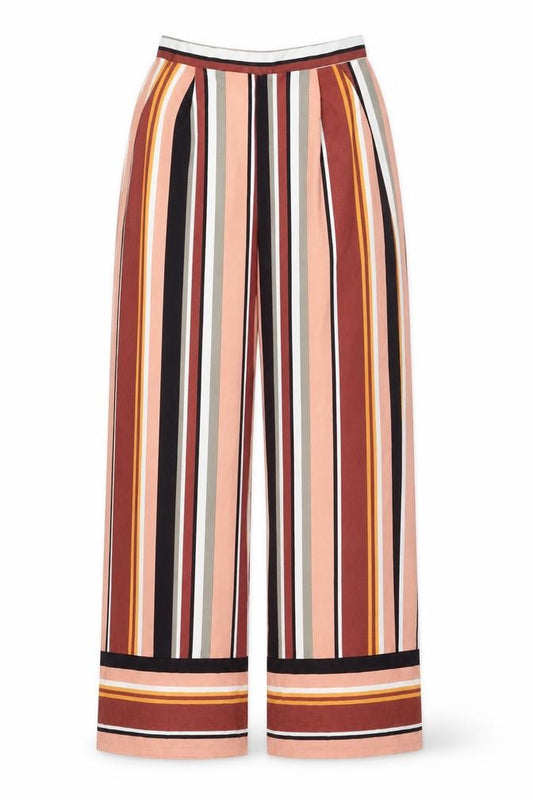 Front view of Primark women’s multicoloured striped polyester trousers, size UK 10, 30-inch leg regular