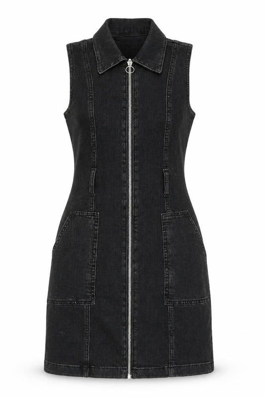 Front view of Denim & Co. women’s black cotton fit & flare, size UK 4, collared zip