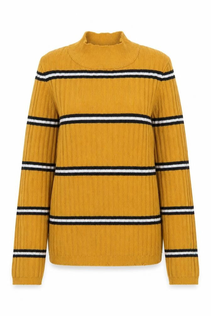 Front view of Primark women’s yellow roll neck striped polyester jumper, size XS