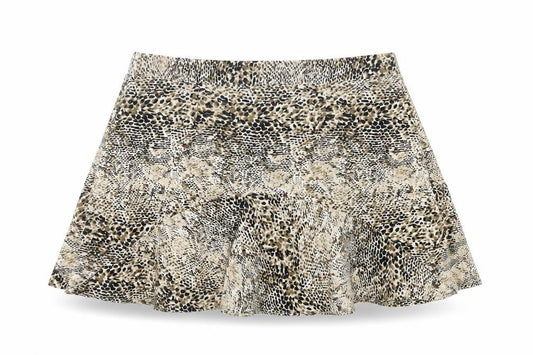 Front view of Pep&Co women’s brown animal print polyester skater skirt, size UK 6