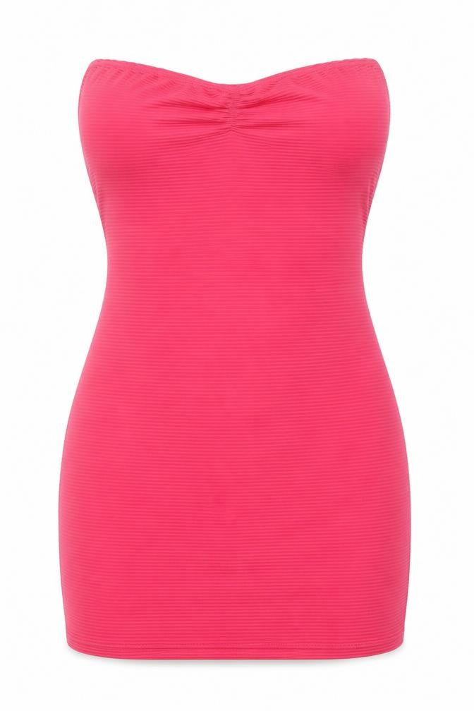 Front view of women’s pink polyester bodycon, size S, sweetheart pullover