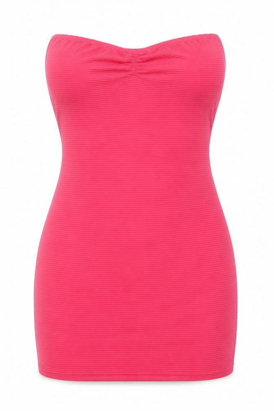 Front view of women’s pink polyester bodycon, size S, sweetheart pullover