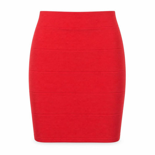 Front view of Missguided women’s red polyester bandage skirt, size UK 8
