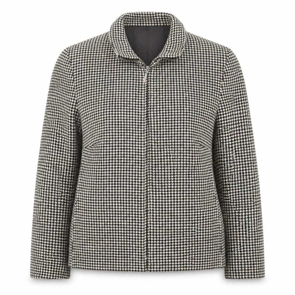 Front view of Marks & Spencer women’s black geometric jacket, size UK 16, zip