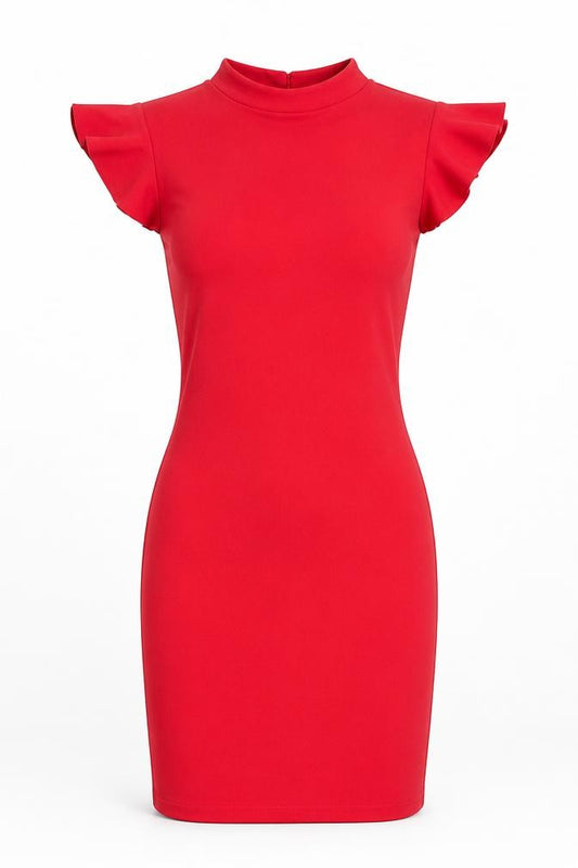 Front view of PRETTYLITTLETHING women’s red polyester bodycon, size UK 6, round neck pullover