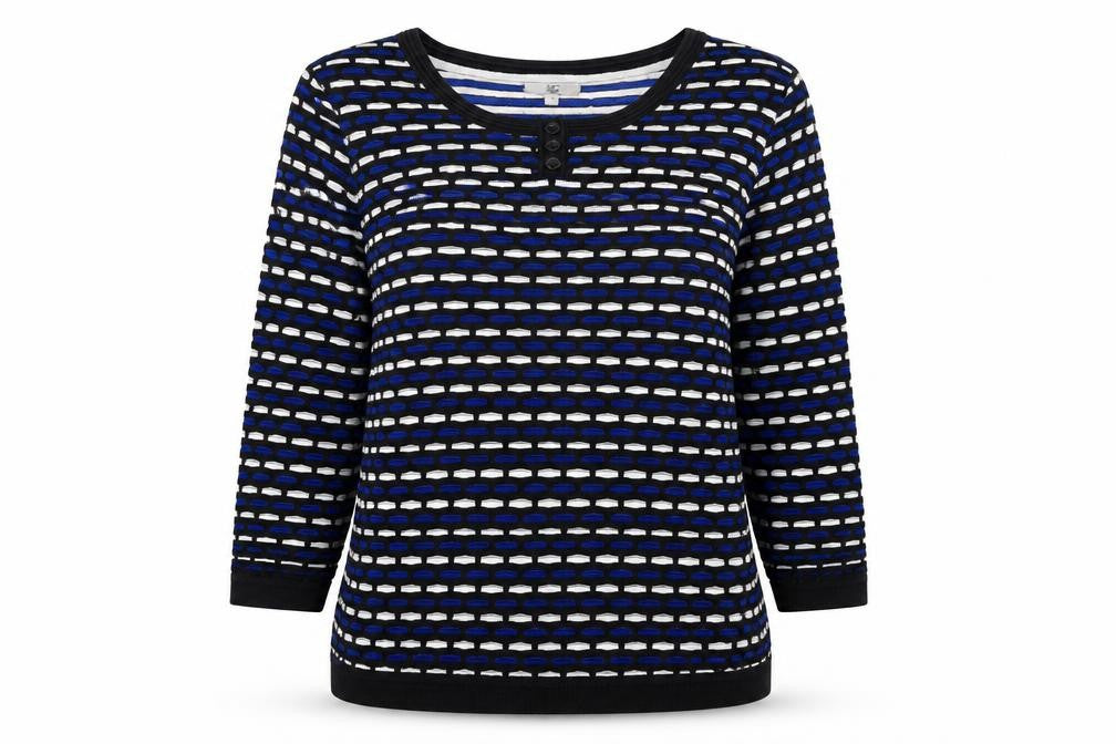Front view of Country Casuals women’s blue crew neck geometric cotton jumper, size M