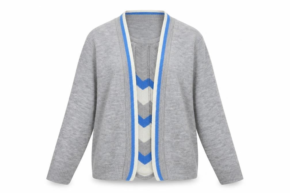 Front view of Mia Moda women’s grey round neck acrylic jumper, size L