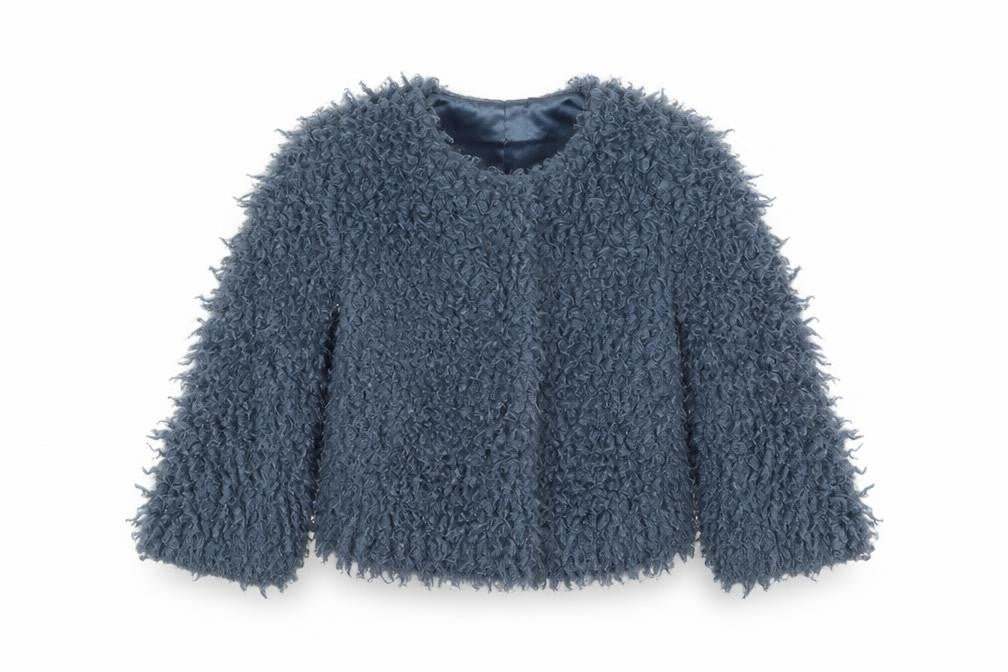 Front view of Next girls’ blue jacket, size 4, years snap