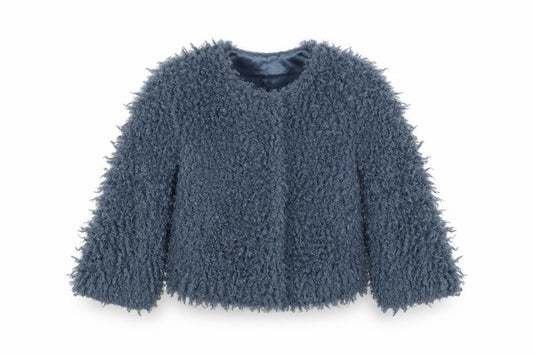 Front view of Next girls’ blue jacket, size 4, years snap