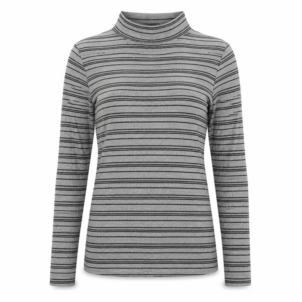 Front view of Primark women’s grey mock neck striped cotton jumper, size UK 4