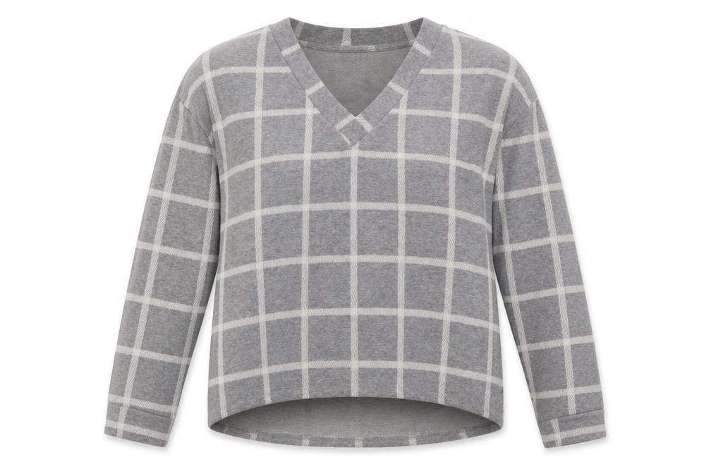 Front view of River Island women’s grey v-neck check cotton jumper, size UK 16