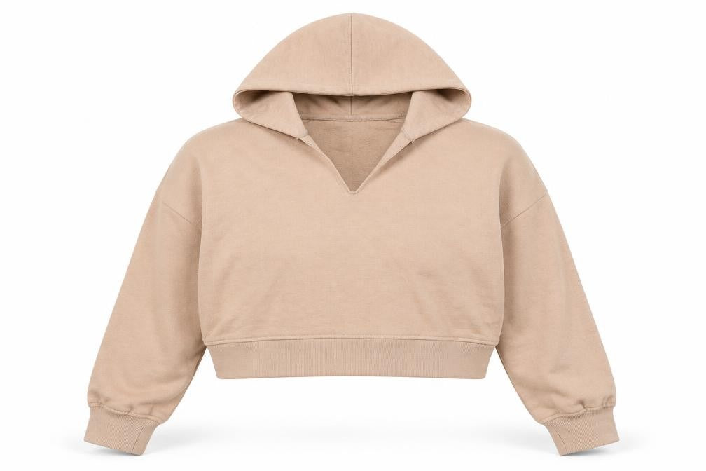 Front view of Missguided women’s beige polyester pullover hoodie, size UK 8, pullover - petite, cropped