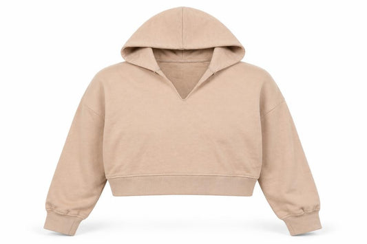 Front view of Missguided women’s beige polyester pullover hoodie, size UK 8, pullover - petite, cropped