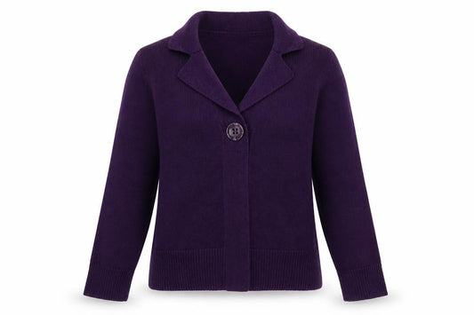 Front view of BHS women’s purple v-neck cotton cardigan jumper, size UK 12