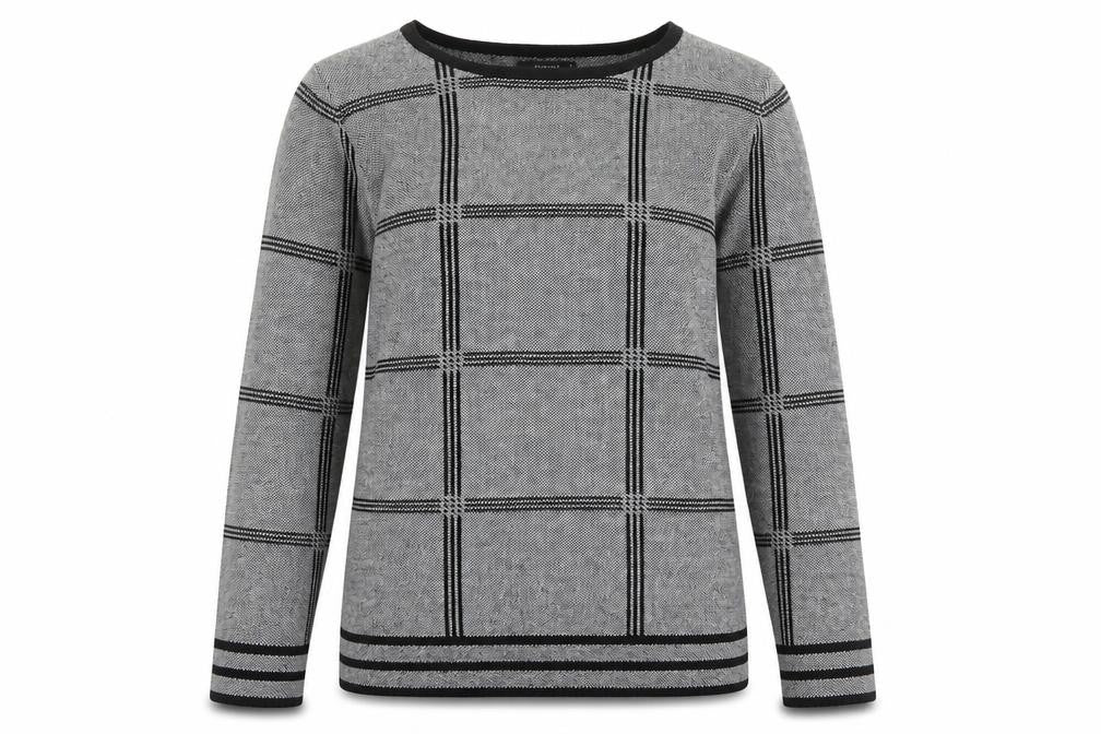 Front view of Papaya women’s grey scoop neck check acrylic jumper, size UK 8