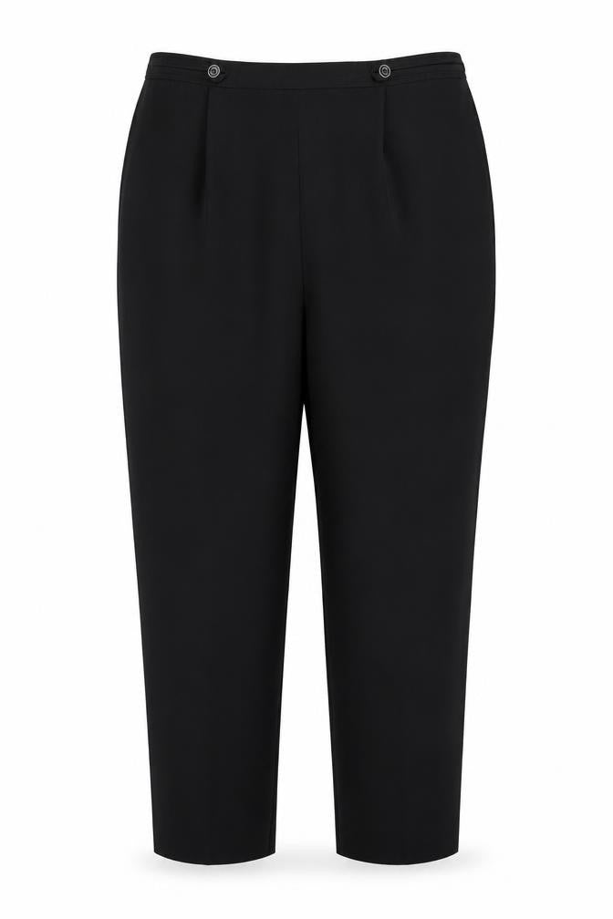 Front view of Bonmarché women’s black polyester trousers, size UK 18, 27-inch leg regular drawstring