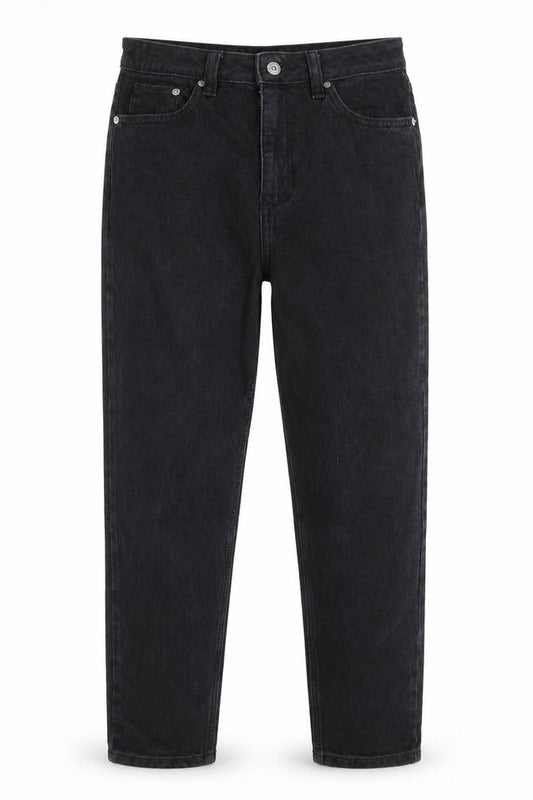 Front view of F&F women’s black polyester straight jeans, size UK 8, 28-inch leg regular zip