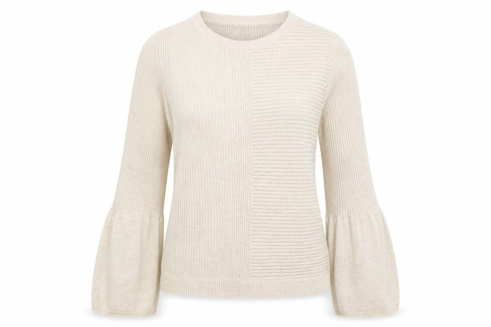 Front view of George women’s beige round neck acrylic jumper, size UK 12, - bell sleeve