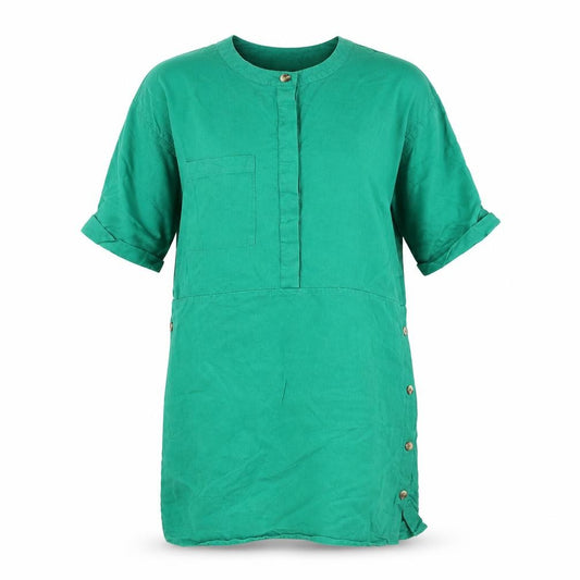 Front view of Warehouse women’s green viscose shift, size UK 12, round neck button