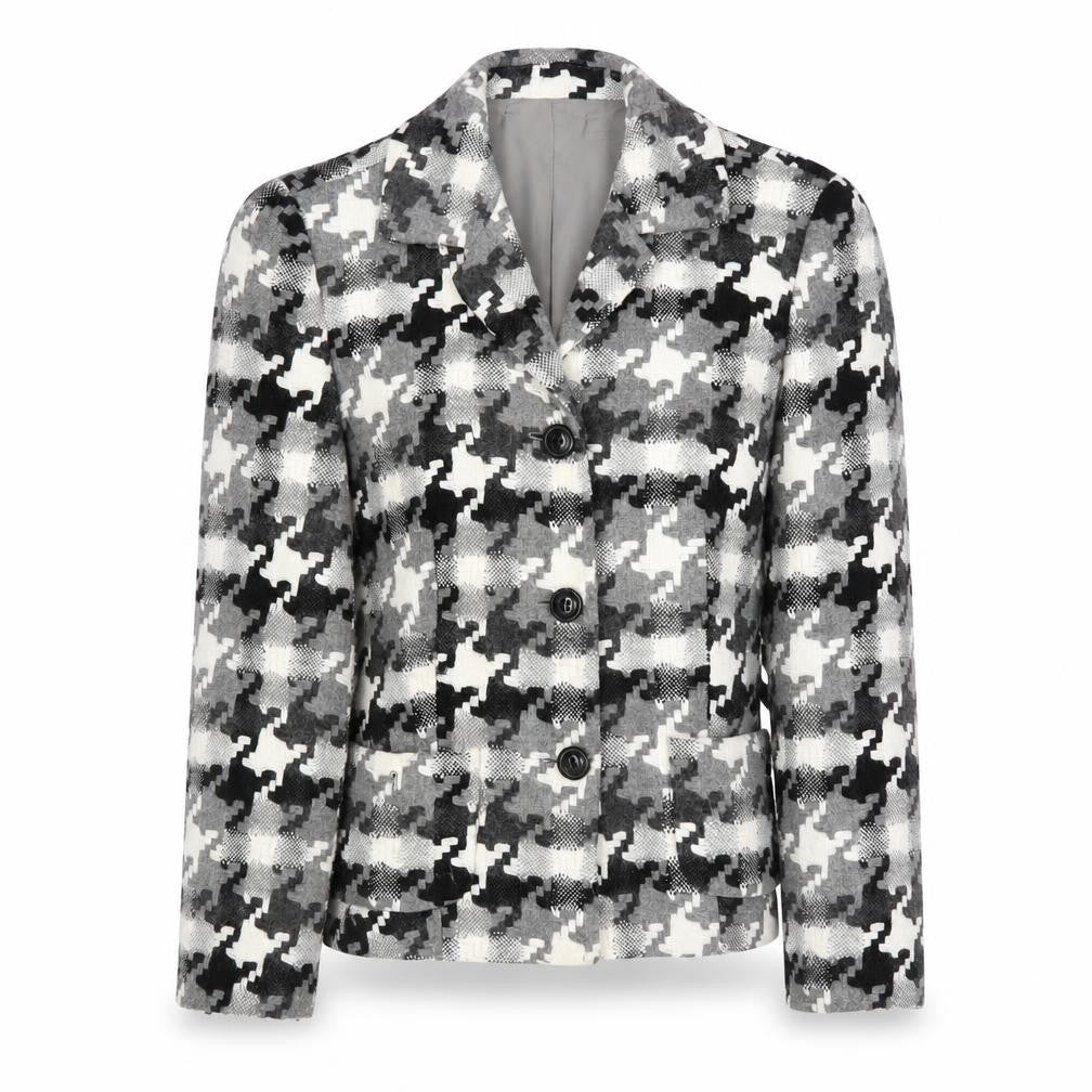 Front view of Oscar B women’s black geometric jacket blazer, size UK 14, button