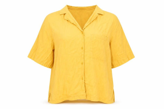 Front view of Peacocks women’s yellow polyester basic button-up, size UK 12, collared - box fit shirt