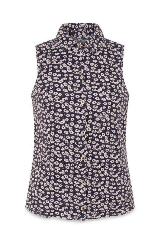 Front view of New Look women’s purple floral viscose basic button-up, size UK 8, collared