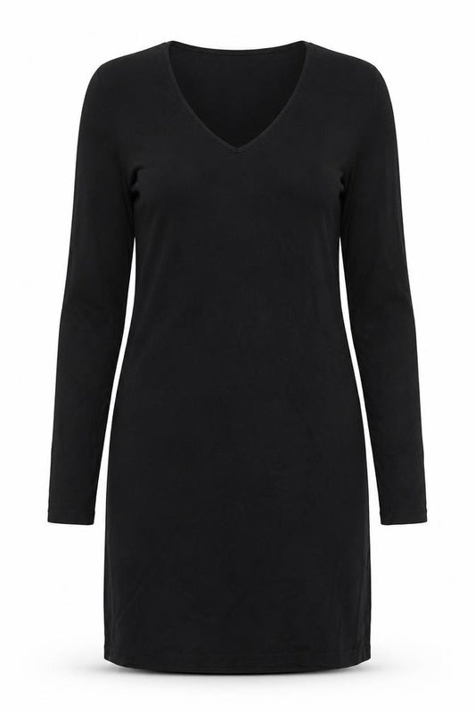 Front view of LTS Basics women’s black polyester a-line, size M, v-neck pullover