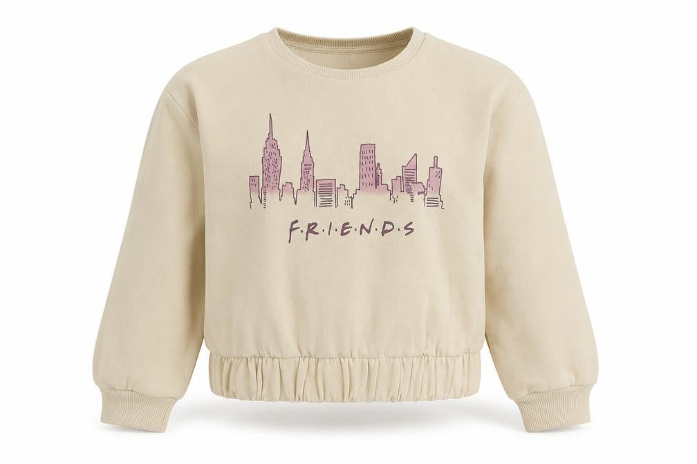 Front view of George girls’ beige cotton pullover sweatshirt, size 8-9, years pullover - friends