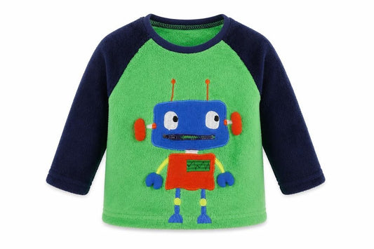 Front view of Primark Baby Green Solid Polyester Pyjama Top, size 9-12, Months Pullover - Robot