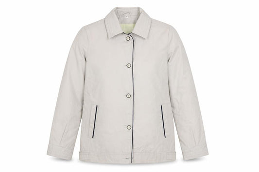 Front view of Preworn women’s beige jacket, size UK 12, button