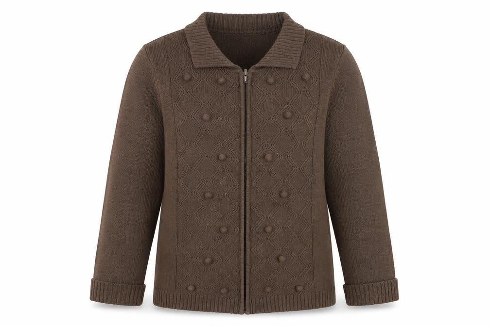 Front view of Bonmarché women’s brown collared acrylic full zip jumper, size M