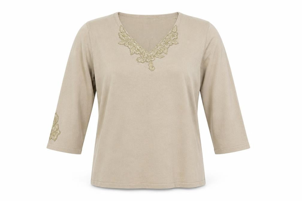 Front view of Sky women’s beige v-neck viscose jumper, size UK 4