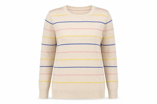 Front view of Just Elegance women’s beige round neck striped viscose jumper, size S