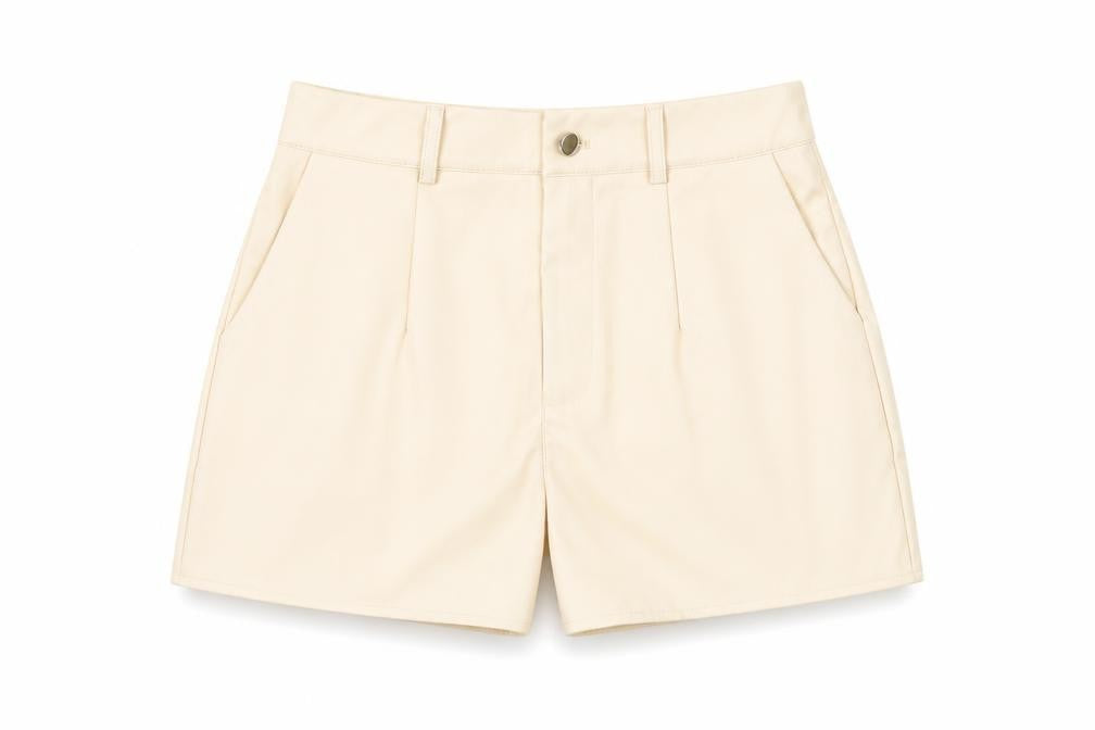 Front view of Missguided women’s beige polyester paperbag shorts, size UK 6, 3-inch leg regular button