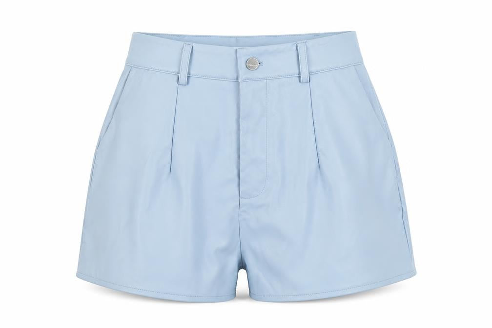 Front view of Missguided women’s blue polyester mom shorts, size UK 8, 3-inch leg regular button