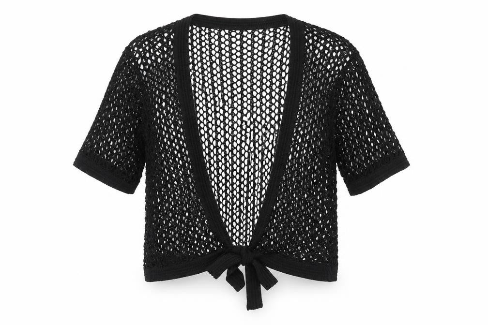 Front view of Just Elegance women’s black viscose basic blouse, size M, v-neck - beachwear