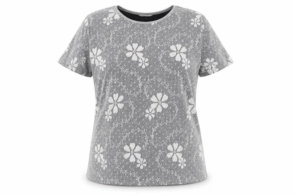 Front view of Berkertex women’s silver floral polyester basic t-shirt, size UK 14, round neck