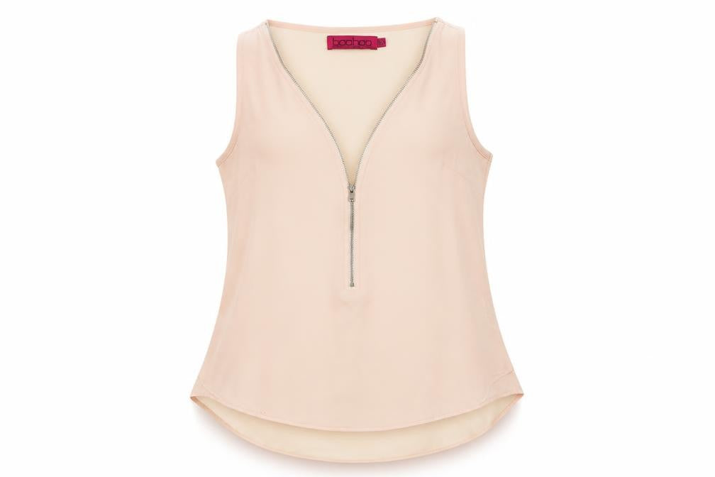 Front view of Boohoo women’s pink polyester camisole tank, size UK 6, v-neck