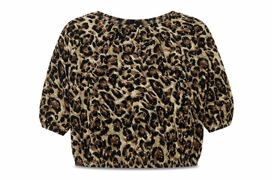 Front view of Wallis women’s brown animal print polyester basic blouse, size M, round neck - leopard pattern