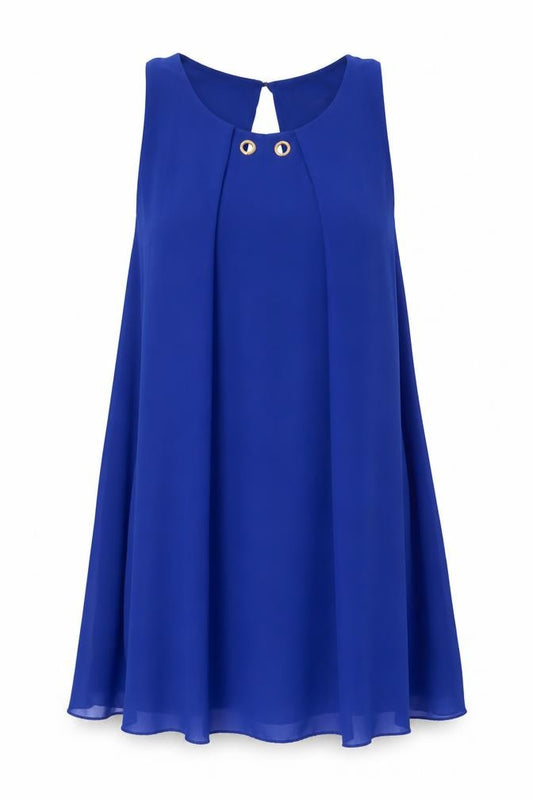 Front view of Quiz women’s blue polyester a-line, size M, round neck button